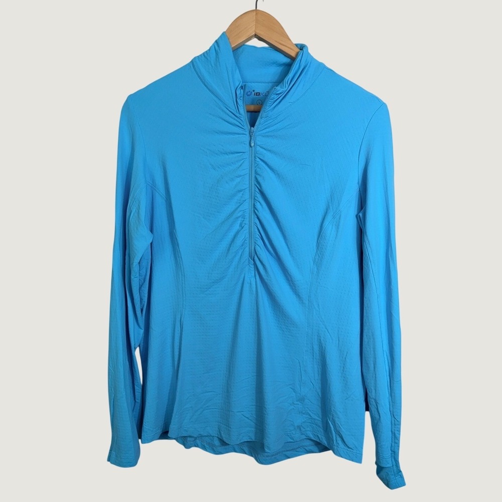 IBKUL Pullover Women L Blue Quarter Zip Long Sleeve Ruched Mock Neck Active Top